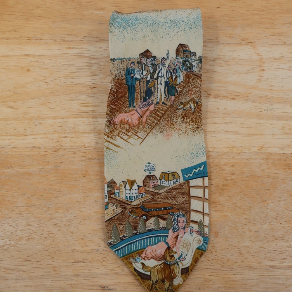 John Henry Vintage 90s Silk Necktie Mens Novelty Ranch farm Frontier History USA
